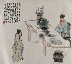 view Two Chinese officials meet in an office to discuss the a landscape painting on a desk. Gouache painting by a Chinese artist, ca. 1850.