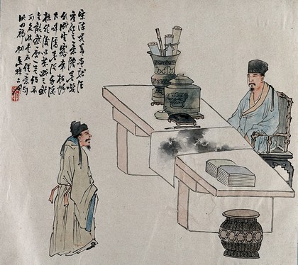 Two Chinese officials meet in an office to discuss the a landscape painting on a desk. Gouache painting by a Chinese artist, ca. 1850.