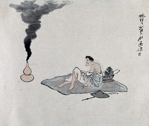 view A Chinese man lies on a blanket watching smoke rise from a lamp. Gouache painting by a Chinese artist, ca. 1850.