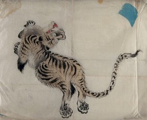 view A leaping tiger. Painting by a Chinese artist.