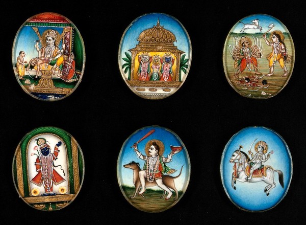 Balarāma, Subhadrā and Lord Jagannāth from left to right. Gouache painting by an Indian artist.