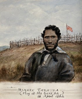 Henare Taratoa: a chief of the Ngai Te Rangi tribe, in the heroic act of getting water for the British wounded at the battle of Gate Pa, a Maori victory in the Waikato War, 28 April 1864. Watercolour by H.G. Robley, 1864.