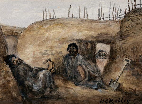 Maori warrior Reweti and a wounded comrade in the Gate Pa pits, 30 April 1864. Watercolour by H.G. Robley, 1864.