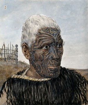 view Te Manawa: an Arawa warrior. Watercolour by H.G. Robley.