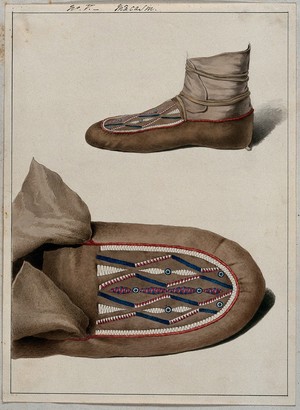 view Native North American costume: a moccasin, two figures. Watercolour attributed to Thomas Bateman.