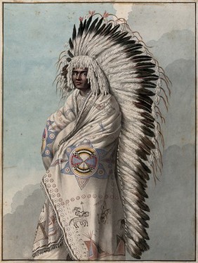 Native North American costume: a man wearing a decorated robe and a feather headdress. Watercolour attributed to Thomas Bateman.