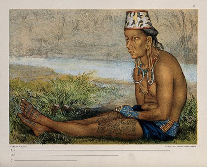 Borneo: a Dayak (?) woman, seated. Coloured lithograph by C.F. Kell after Carl Bock.