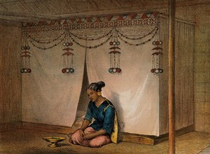 view Borneo: a woman seated next to a half-opened canopied area. Coloured lithograph by C.F. Kell after Carl Bock.