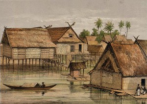 view Borneo: a village raised on stilts above the water. Coloured lithograph by C.F. Kell after Carl Bock.
