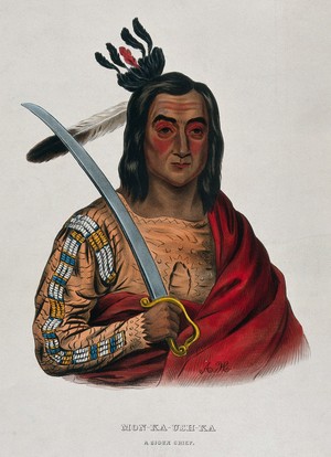 view Mon-Ka-Ush-Ka (Monkaushka), a Sioux chief, holding a sword. Coloured lithograph by A. Hoffy after G. Cooke, 1837.