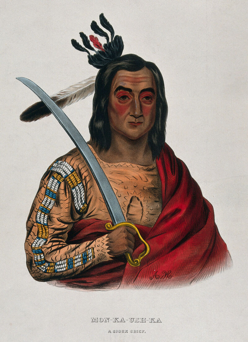 Mon-Ka-Ush-Ka (Monkaushka), a Sioux chief, holding a sword. Coloured lithograph by A. Hoffy after G. Cooke, 1837., [1837], by George Cooke