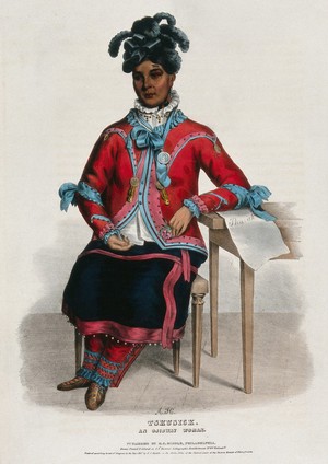 view Tshusick, an Ojibwa woman, holding a flower. Coloured lithograph by A. Hoffy after C.B. King, 1837.