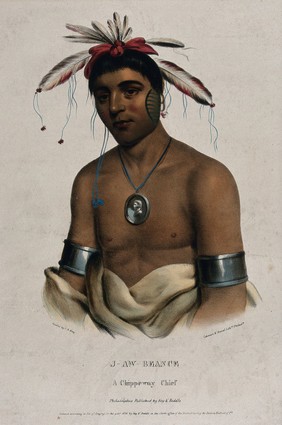 J-Aw-Beance (?), an Ojibwa chief, wearing a medallion. Coloured lithograph by Lehman & Duval after C.B. King, 1836.