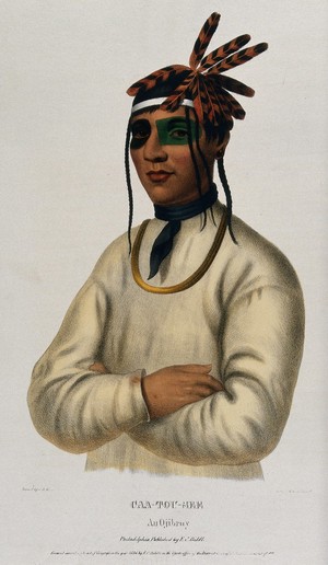 view Caa-Tou-See, an Ojibwa chief, standing with arms crossed. Coloured lithograph by Lehman & Duval after C.B. King, 1836.