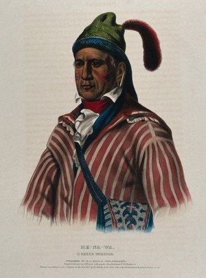 view Me-na-wa, a Creek Indian. Coloured lithograph by J.T. Bowen after C.B. King, 1837.