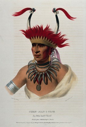 Shaumonekusse, a chief of the Oto (Otoe) tribe, wearing a crown hair piece with horns, a bear-claw necklace and a medallion. Coloured lithograph by Lehman & Duval after C. B. King, 1833.