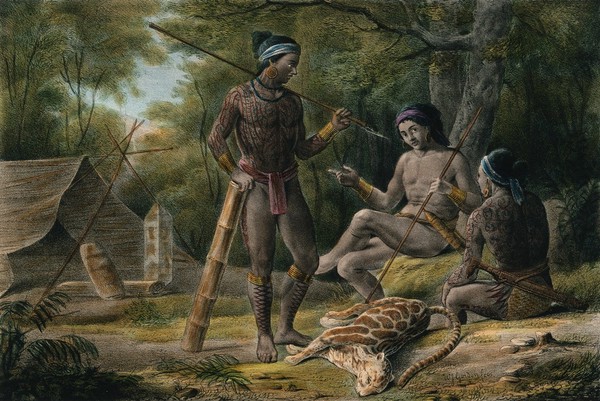 Dutch East Indies (Java or Indonesia): three hunters with a dead leopard. Coloured lithograph by H.A. Henrici and W.J. Gordon, ca. 1839.