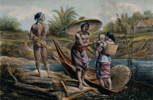 Dutch East Indies (Java or Indonesia): a man with two women and a baby. Coloured lithograph by H.A. Henrici and W.J. Gordon, ca. 1839.