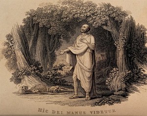 view Galen, standing in a glade, looks at a human skeleton on the ground. Engraving by H.F. Rose, 1820.