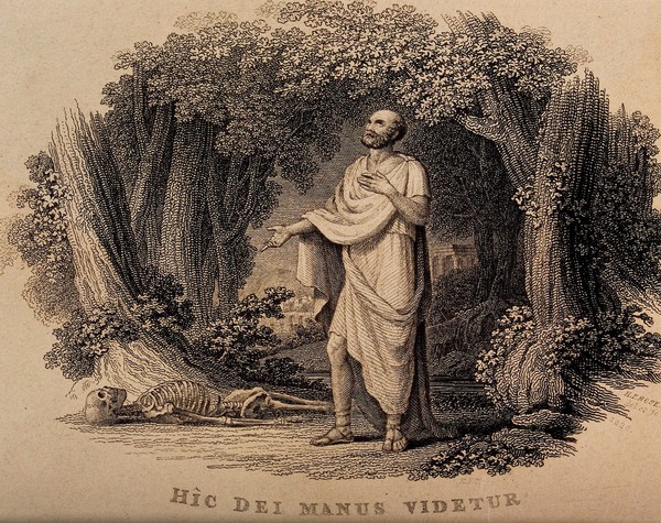 Galen, standing in a glade, looks at a human skeleton on the ground. Engraving by H.F. Rose, 1820.