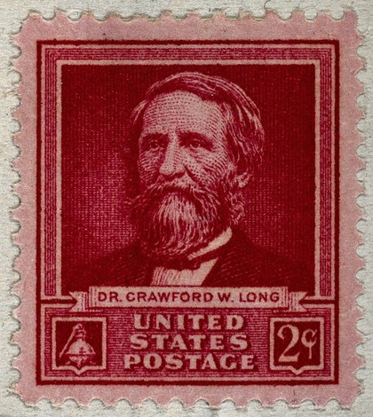 Crawford Williamson Long on a stamp issued in 1946. Colour engraving, 1946.