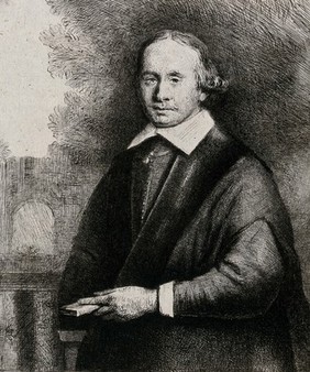 Jan Antonides van der Linden, professor of medicine, holding a book. Etching by Rembrandt, ca. 1665.