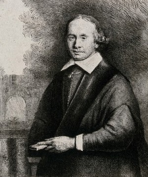 view Jan Antonides van der Linden, professor of medicine, holding a book. Etching by Rembrandt, ca. 1665.