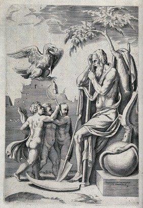 Saturn, seated right, is threatened by his three children Jupiter, Neptune and Pluto. Engraving by G. Bonasone after G. Romano, ca. 1560.