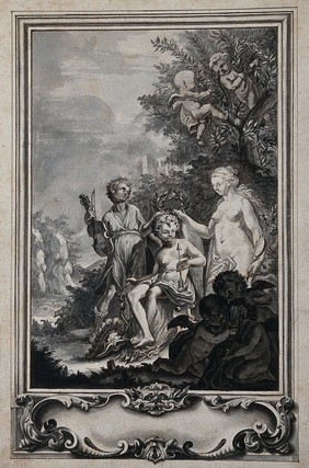 Eros, holding a bow and arrow, is being crowned with laurel by his mother Aphrodite; two putti are cutting branches of laurel and three putti are playing with arrows in the foreground; rococo frame at the bottom of the image. Ink drawing, ca. 1740.