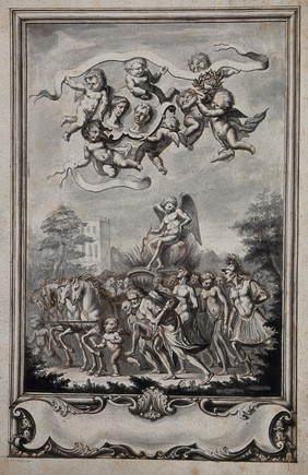 Eros (Cupid) carried in triumph on a chariot drawn by for white horses and surrounded by a crowd; above, putti holding a crown of laurel and the portraits of a man and a woman; below, a rococo cartouche. Ink drawing.