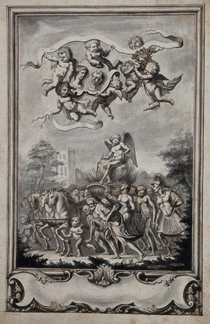 view Eros is seated on a chariot drawn by for white horses and surrounded by a crowd; above, putti holding a crown of laurel and the portraits of a man an a woman; rococo frame below the image. Ink drawing, ca. 1740.