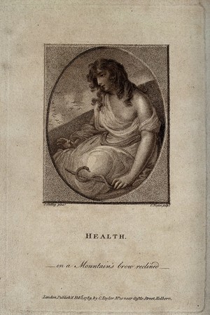 view A young woman as Hygieia (Health). Stipple engraving by C. Taylor, 1789, after S. Shelley.