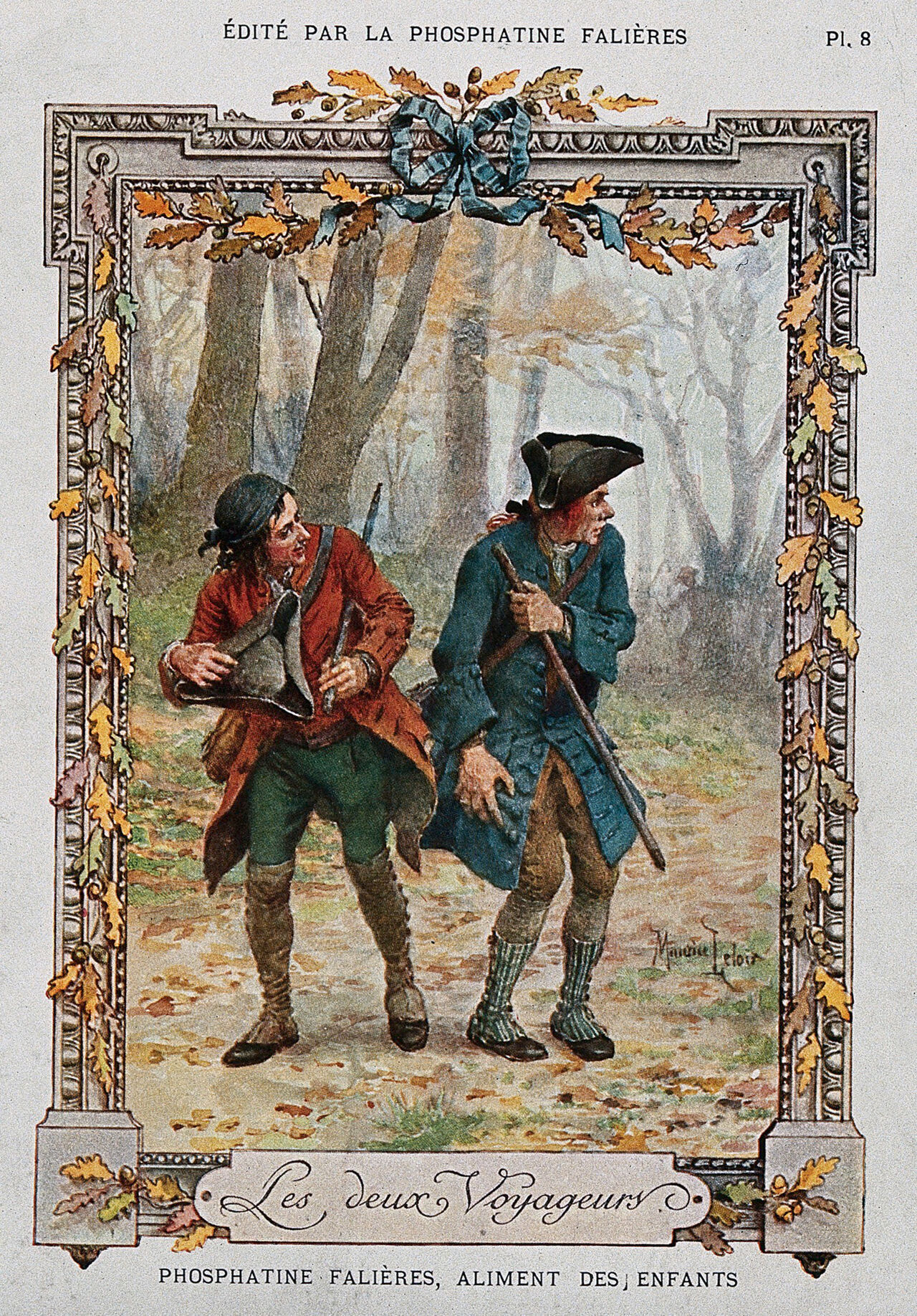 Two travellers walking through a forest are alarmed to see armed men following them; advertising Phosphatine Falières infant food. Colour photorelief by Devambez after M. Leloir., 1900-1999, by Maurice Leloir