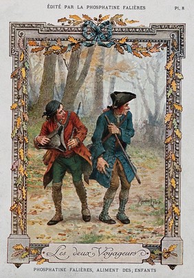 Two travellers walking through a forest are alarmed to see armed men following them; advertising Phosphatine Falières infant food. Colour photorelief by Devambez after M. Leloir.