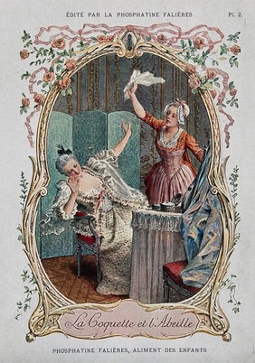 A maid is trying to kill a bee that is flying around her mistress; advertising Phosphatine Falières infant food. Colour process print by Devambez after M. Leloir.