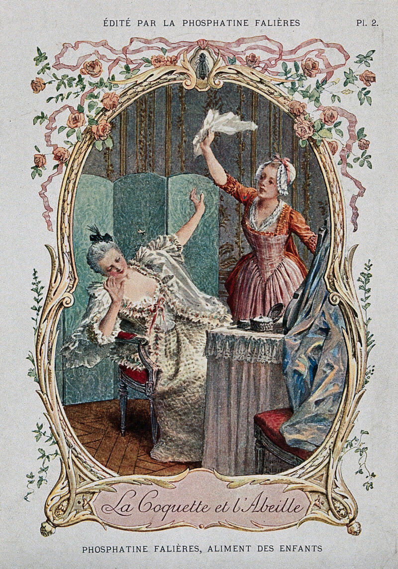 A maid is trying to kill a bee that is flying around her mistress; advertising Phosphatine Falières infant food. Colour process print by Devambez after M. Leloir., 1900-1999, by Maurice Leloir