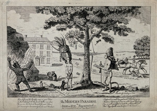 Mrs Fitzherbert and George Prince of Wales represented as Adam and Eve standing under the Tree of Knowledge surrounded by the trappings of fashionable pastimes and vices, causing the devil to flee. Etching, 1786.