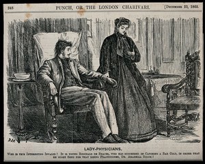 view A woman doctor is taking the pulse of a male patient seated in an armchair. Wood engraving after G. Du Maurier, 1865.