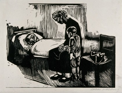 A woman and a boy visiting a man in hospital. Woodcut by Käthe Kollwitz, 1929.