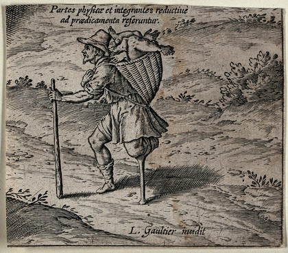 A man with a wooden leg carrying arms and legs in a basket; representing the relation between the whole and its parts in Aristotelian logic. Engraving by L. Gaultier, ca. 1613.