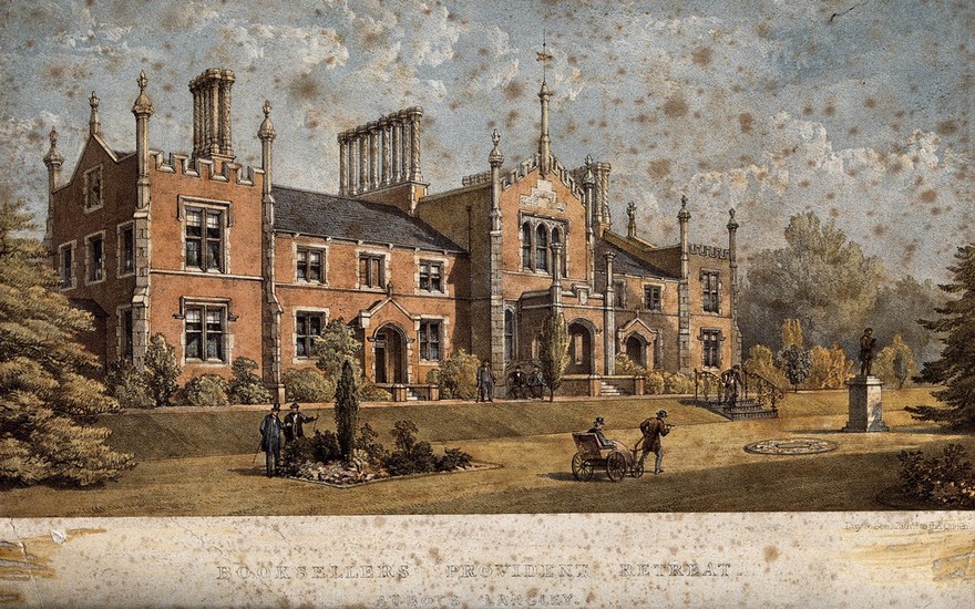 Booksellers' Provident Retreat, Abbots Langley: perspective view. Coloured lithograph.