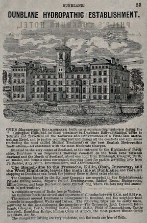 view Hydropathic establishment, Dunblane, Perthshire, Scotland: perspective view. Wood engraving by Nisbet, 1881?.