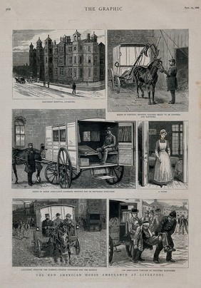 Scenes showing an American style horse ambulance at work in Liverpool, England. Wood engraving, 1886.