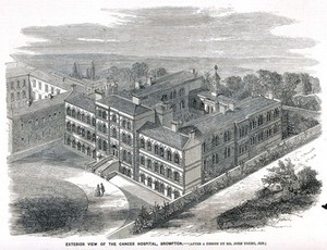 view The Free Cancer Hospital, Kensington, London: aerial view. Wood engraving, 1859.