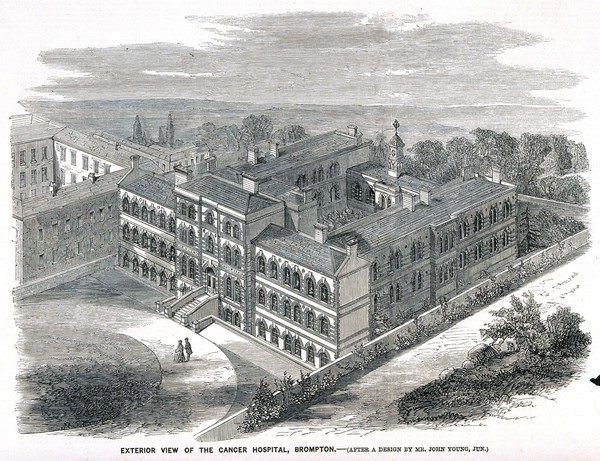 The Free Cancer Hospital, Kensington, London: aerial view. Wood engraving, 1859.