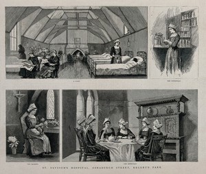 view Scenes of nurses at St Saviour's Hospital, Regent's Park, London. Wood engraving, 1886.