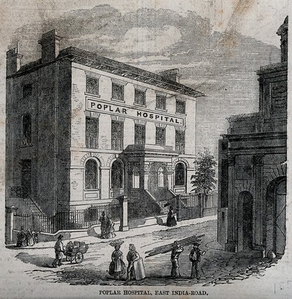 Poplar Hospital for Accidents, East India Dock Road, Blackwall, London: three-quarter view. Wood engraving, 1858.