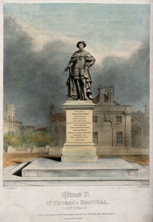 view Statue of Edward VI at St Thomas's Hospital, Southwark, London. Coloured lithograph by H. Tiffin, 1849, after a sculpture by P. Scheemaeckers.