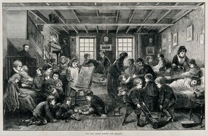 view Children at play in the East London Hospital for Children. Wood engraving by J. Swain after G.W. Ridley, 1872.