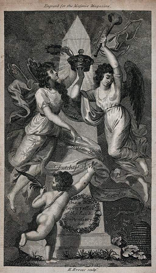 Angels attending a memorial cenotaph to the duchess of Leinster, a governess of Lock Asylum. Etching by H. Brocas.